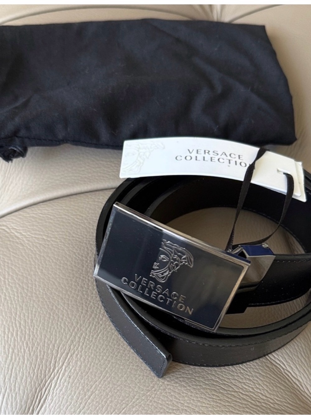 NWT Versace Collection Black Leather Belt with Logo Plaque